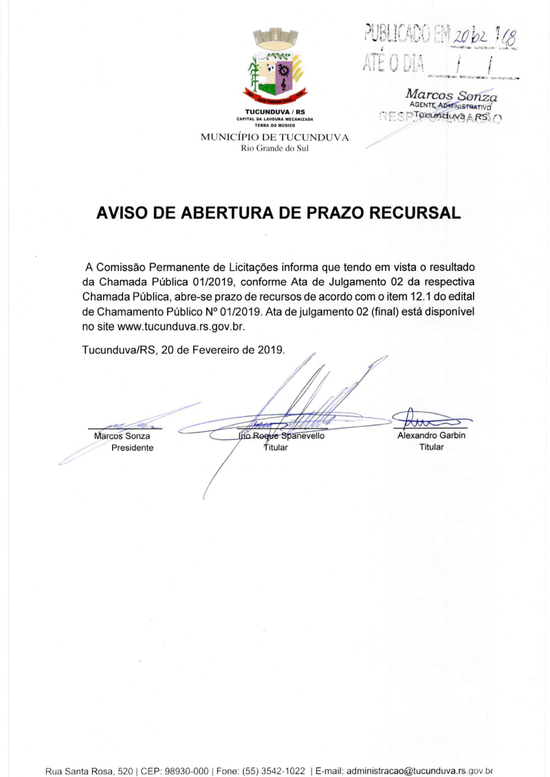 AVISO DE ABERTURA DE PRAZO DE RECURSO - CHAMADA PÚBLICA Nº 01/2019